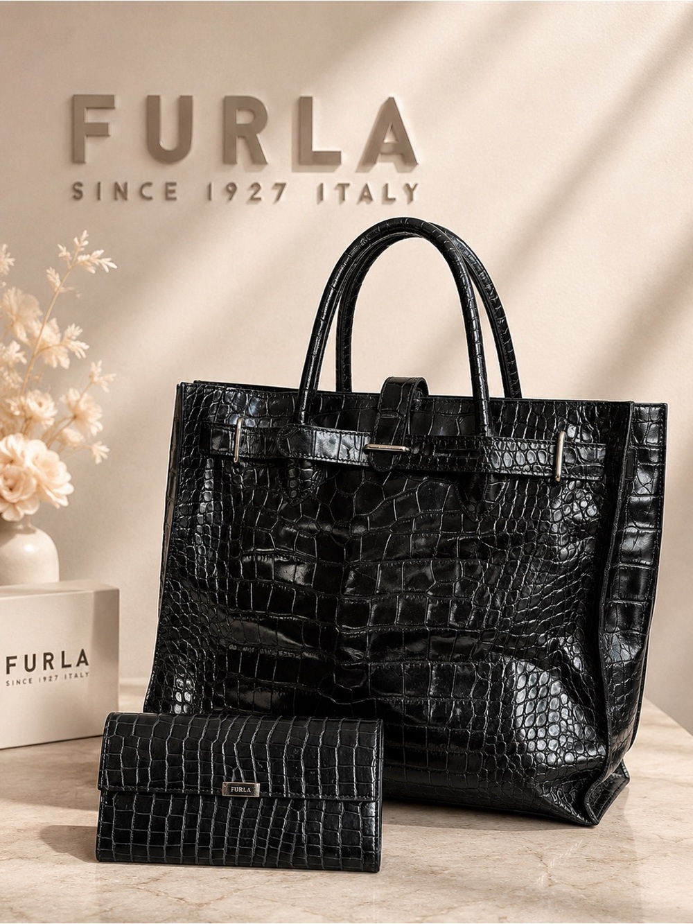 Furla Black Croc-Embossed Tote with Matching Wallet